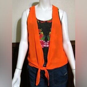 Women’s razor back neon orange tie front Hawaiian floral size L Bongo